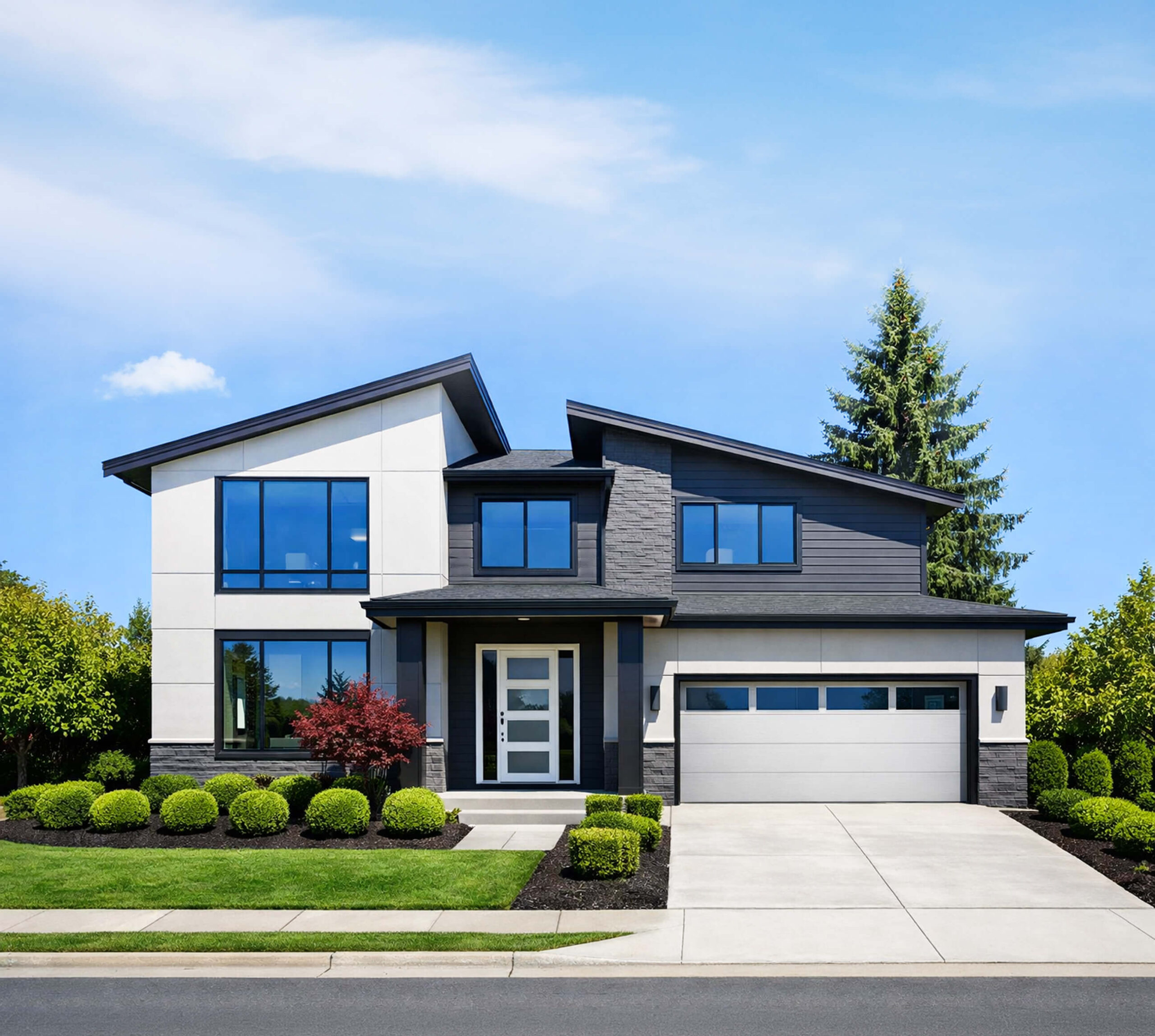 Modern two-story home with large windows and landscaped front yard at dusk.